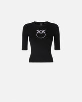 Short-sleeved wool sweater with logo - | Pinko
