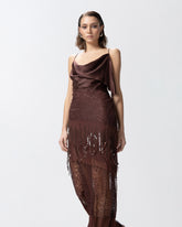 Abito slipdress in raso, pizzo e frange di strass - | Pinko