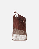 One-shoulder satin top with lace and sequins - | Pinko