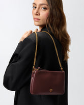Kleine Umhängetasche Mini Double Bag aus Leder mit Schulterriemen - Burgunder | Pinko