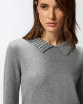 Sweater with collar and rhinestones - | Pinko