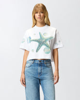 Cropped T-shirt with print and appliqués - | Pinko