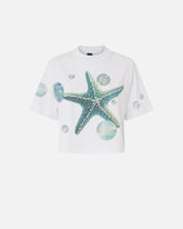 Cropped T-shirt with print and appliqués - | Pinko
