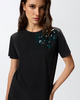 T-shirt with jewel flowers - | Pinko