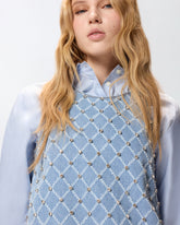 Abito corto in denim con disegno rombi e strass - | Pinko