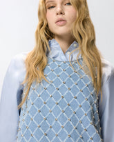 Abito corto in denim con disegno rombi e strass - | Pinko