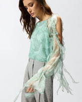 Blusa in seta con stampa rose e spalle scoperte - | Pinko