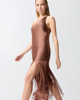 Satin one-shoulder mini dress with fringing - Pomarańczowy | Pinko