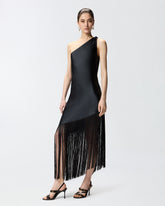 Satin one-shoulder mini dress with fringing - Czarny | Pinko
