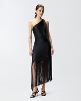 Satin one-shoulder mini dress with fringing - Czarny | Pinko