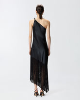 Satin one-shoulder mini dress with fringing - Czarny | Pinko
