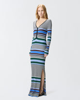 Robe longue ajustée en maille à rayures - Multicolore Noir-Bleu clair | Pinko