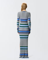 Robe longue ajustée en maille à rayures - Multicolore Noir-Bleu clair | Pinko