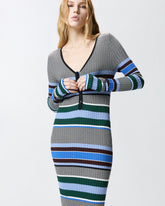 Robe longue ajustée en maille à rayures - Multicolore Noir-Bleu clair | Pinko
