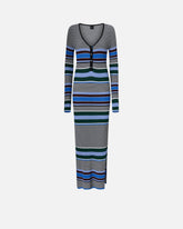 Robe longue ajustée en maille à rayures - Multicolore Noir-Bleu clair | Pinko