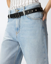 Cropped jeans with leather belt - | Pinko