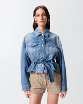 Denim jacket with belt - Blu scuro | Pinko