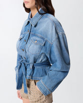 Denim jacket with belt - Blu scuro | Pinko