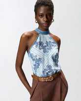 Denim top with scarf print - | Pinko