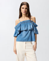Top en denim à volants et épaules dénudées - | Pinko