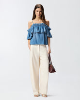 Top en denim à volants et épaules dénudées - | Pinko
