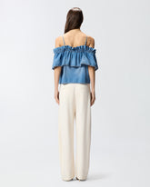 Top en denim à volants et épaules dénudées - | Pinko