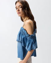 Top in denim con volant e spalle scoperte - | Pinko