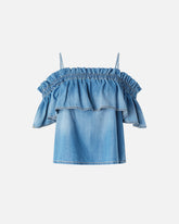 Top en denim à volants et épaules dénudées - | Pinko