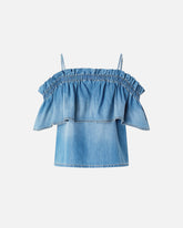 Top en denim à volants et épaules dénudées - | Pinko