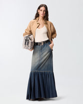 Gonna lunga in denim con balza e cintura - | Pinko