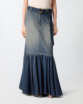 Gonna lunga in denim con balza e cintura - | Pinko