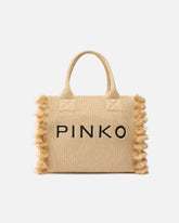 Medium Beach shopping tote in raffia with logo and tassels - | Pinko
