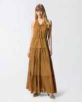 Vestido largo de algodón con volante y cintas - | Pinko