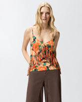 Sleeveless top with fringing and floral print - | Pinko