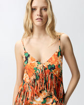 Sleeveless top with fringing and floral print - | Pinko