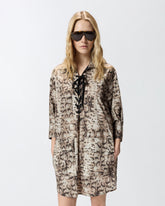 Mini dress with snake print and neckline ribbons - | Pinko