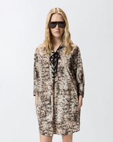 Abito corto con stampa snake e nastri sullo scollo - | Pinko