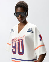 Cropped T-shirt with V-neck and branded patches - | Pinko