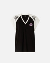 T-shirt with V-neck and branded patches - | Pinko