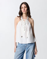 Lightweight top with laces and Texan details - | Pinko