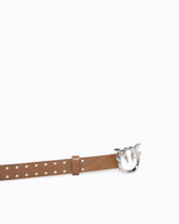 Glossy leather belt with Love Birds buckle and studs, 2 cm - Beige | Pinko