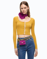 Cardigan cropped in misto seta e cashmere con pizzo - | Pinko