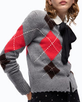 Cardigan girocollo in lana e cashmere a rombi - Multicolor Grigio-Marrone | Pinko