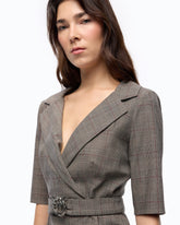 Slim-fit check wool dress with Love Birds belt - Multicolor Beige-Bordeaux-Black | Pinko