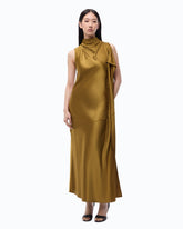 Long, one-shoulder satin dress - Green | Pinko