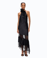 Asymmetric satin midi dress with lace - Black | Pinko