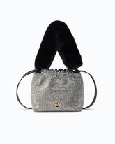 Fully rhinestoned shoulder bucket bag with fur-effect shoulder strap - Black | Pinko