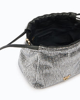 Fully rhinestoned shoulder bucket bag with fur-effect shoulder strap - Black | Pinko