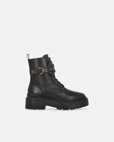 Leather combat boots with branded front strap - | Pinko