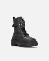 Leather combat boots with branded front strap - | Pinko